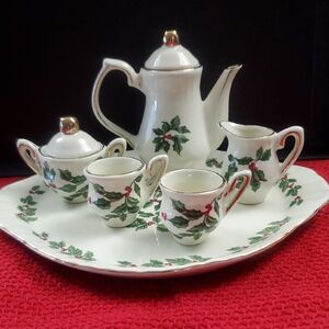 Festive Holly Holiday Miniature Tea For Two Set with Gold Details